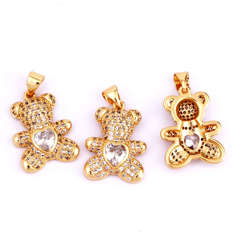 Niedlicher Bären-Charm-Anhänger in Goldfarbe, mit Perlen besetzt, mit Zirkonia CZ gepflastert, Schmuck, Halskette, Armband, Großhandel, Zubehör M85 – Detail 14