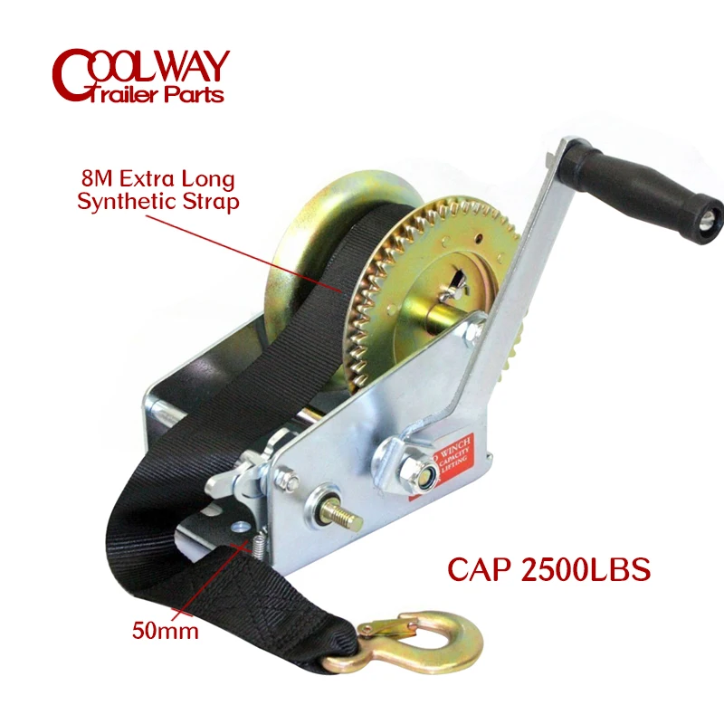 High Quality Hand Winch CAP 2500LBS / 1134KG 8M Extra Long Synthetic Strap Webbing Car Boat Trailer