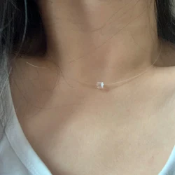 Simple Small Clear Acrylic Square Bead Choker Necklace Cute Transparent Fishing Line Chain Neck Clavicle Jewelry
