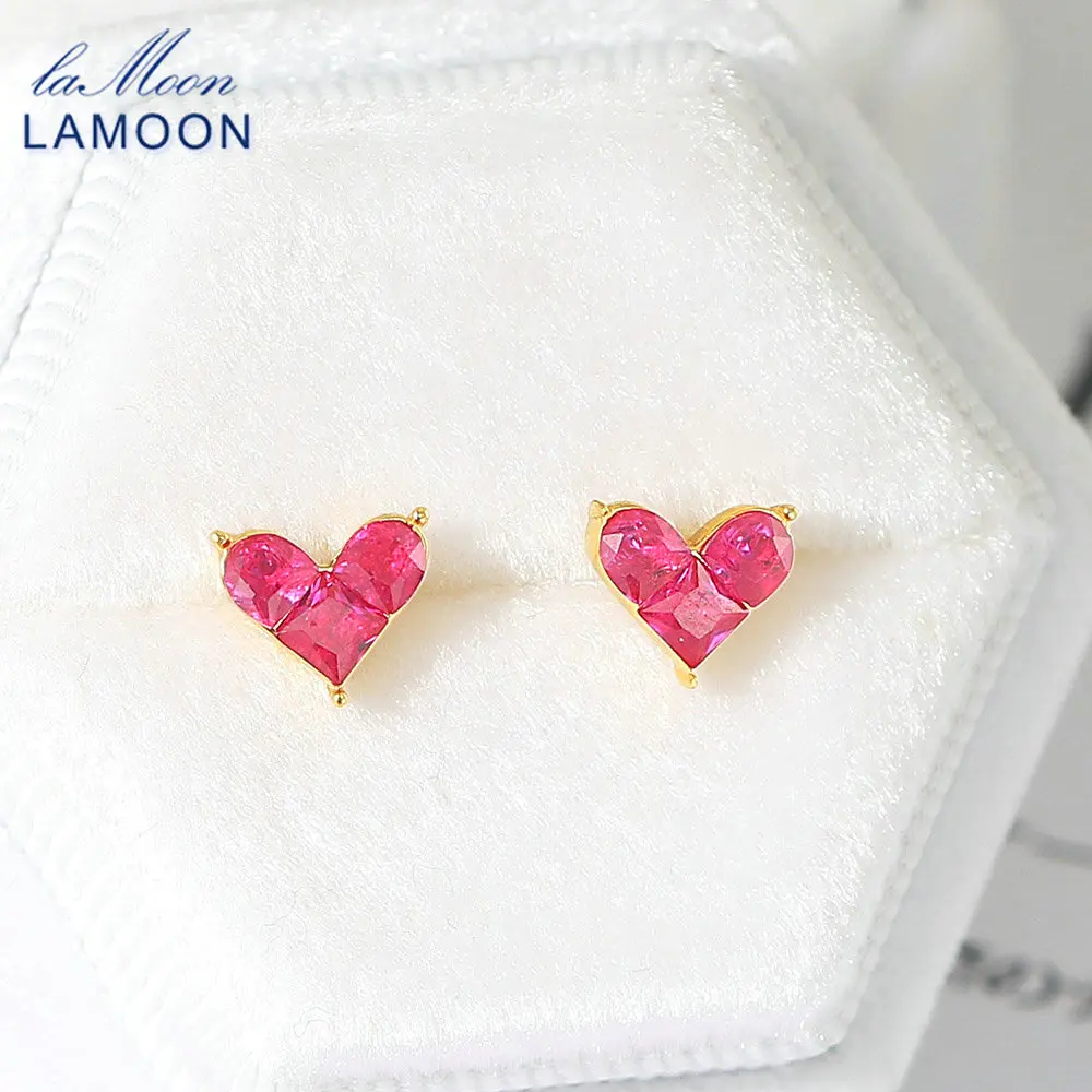 LAMOON Cute Mini Sweety Heart Earring Synthetic Corundum Stud Earring For Women 925 Silver 14K Gold Plated Fine Jewelry EI147