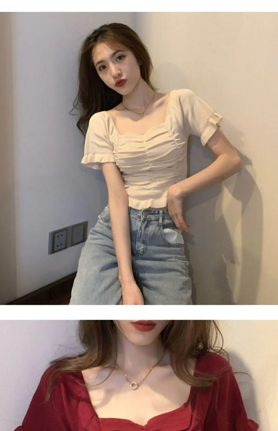Gestrickte Modische Bluse Damen Rüschen Jugendlich Elegant Sommer Crop Top Sexy Figurbetonte Bluse Kurzarm – Detail 14