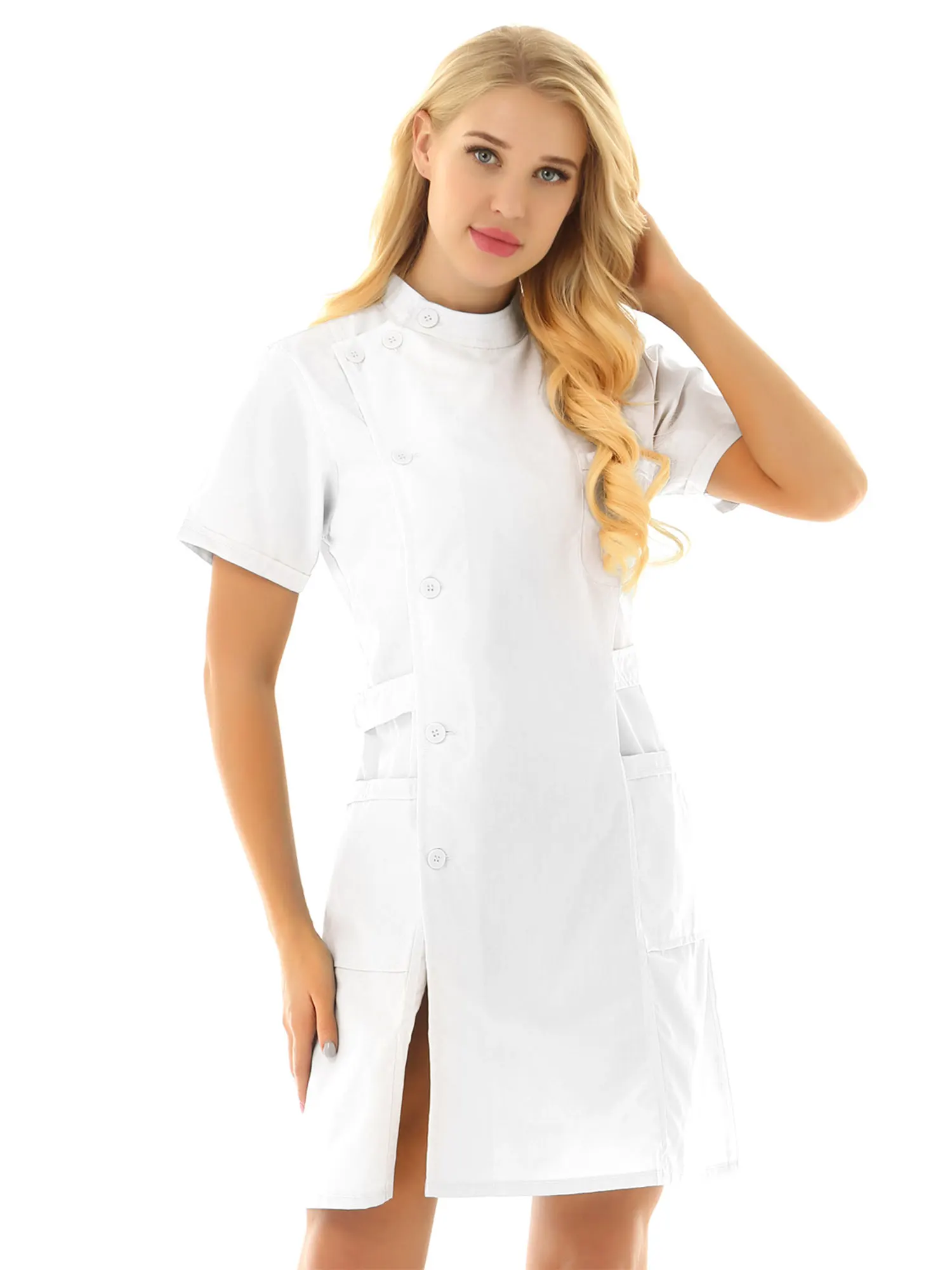 Womens Nurse Uniform Dresses Mandarin Collar Short Sleeve Slanting Button Front Medical Hospital Nurse Scrub Lab Coat Dress