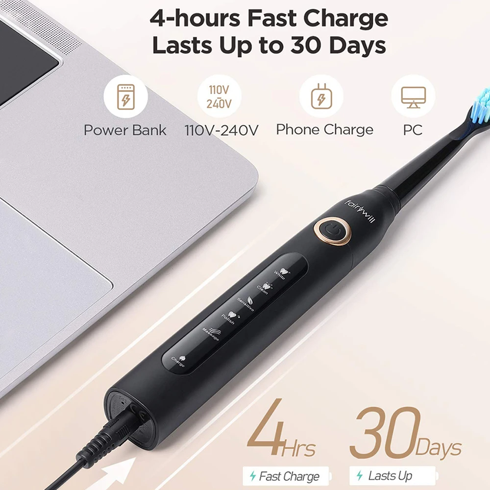 Fairywill Sonic Electric Toothbrush Rechargeable Smart Timer 5 Modes USB Charger Powerful Cleaning Brush Replacement Brush Heads