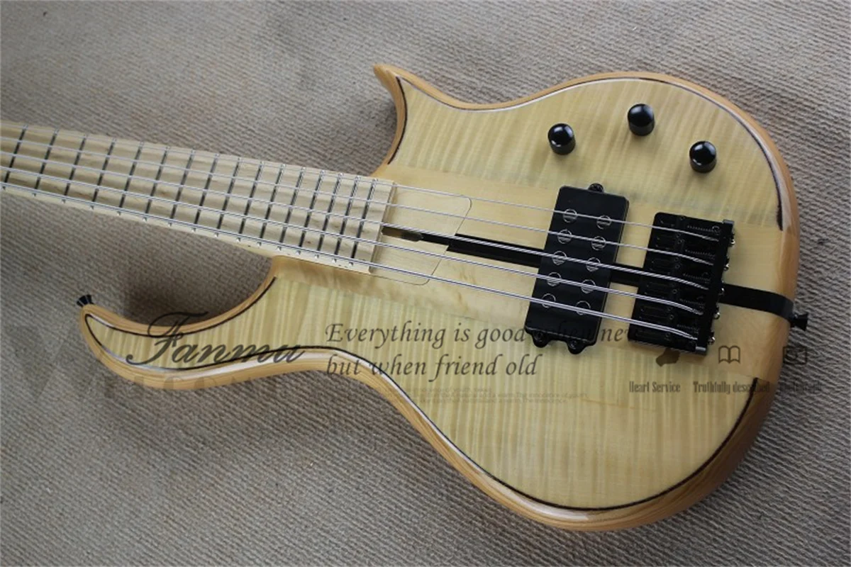 Factory Custom Electric Guitar Bass  5 Strings Wom Bass Flamed Maple Veneer Black Bridge