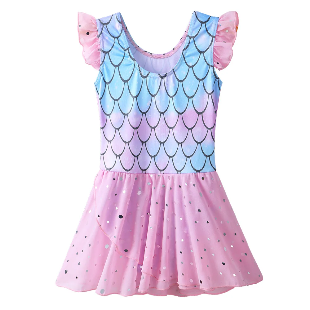 BAOHULU Girls Cotton Skirt Leotard Cartoon Fish Scale Print Ballet Dance Dress Kids Sequin Tulle Short Sleeve Dresses for Girls