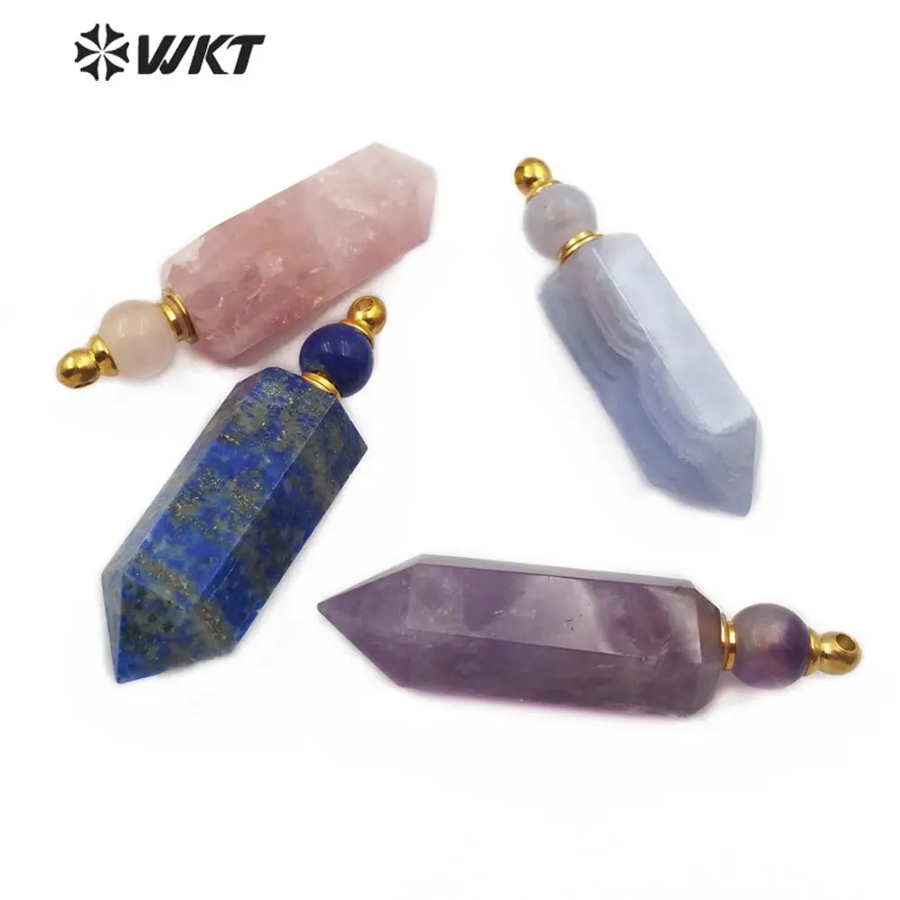 

WT-P1463 Perfume Bottle Natural Stone Pendant Lapis/Rose Stone Gold/Sliver Color with stainless steel accessory Fashion Pendent