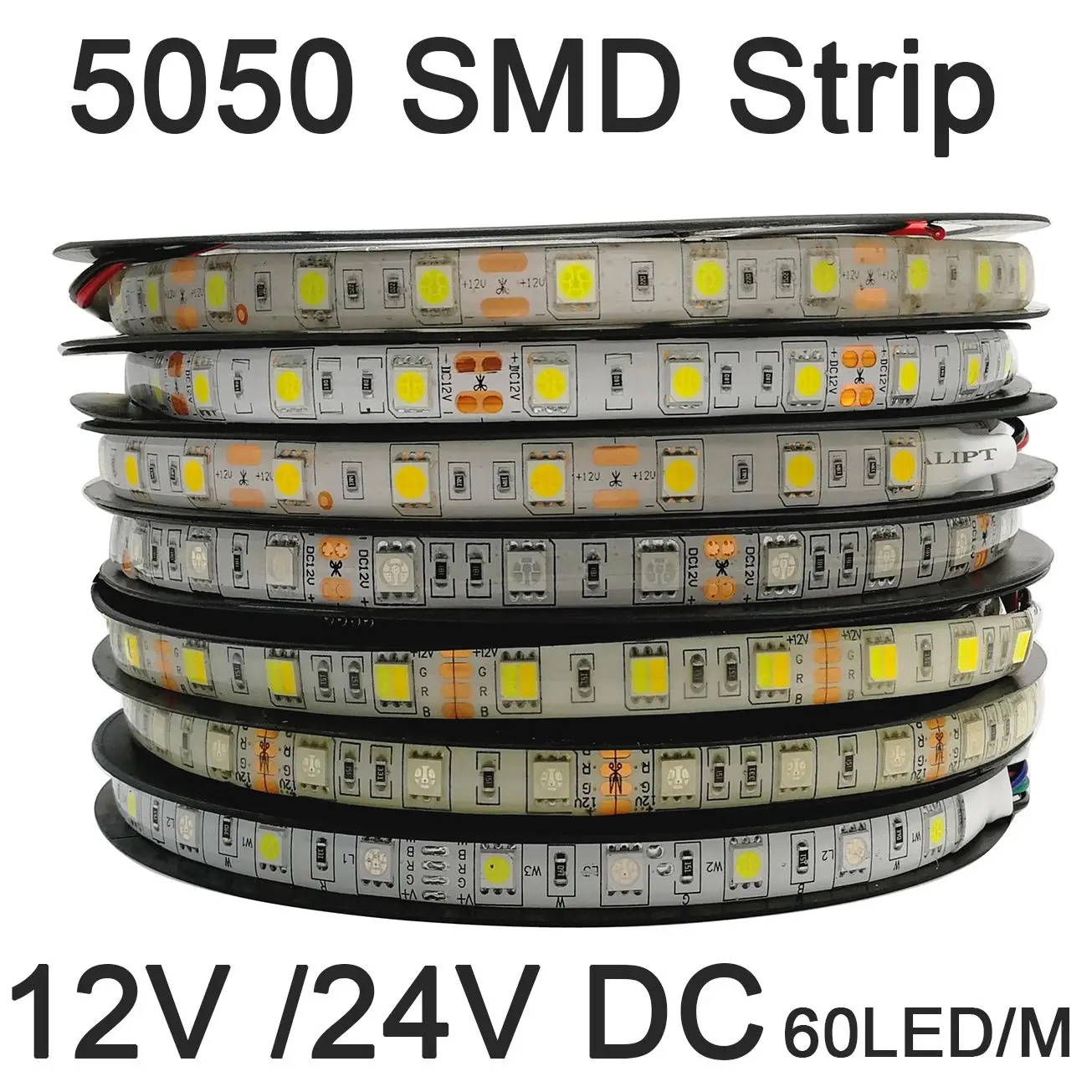 Tira de luces LED SMD 5050 de 12V y 24V CC, cinta Flexible de decoración, IP20 resistente al agua, IP65, RGB, RGBW, CCT, blanco cálido, 5m, 60LED/m