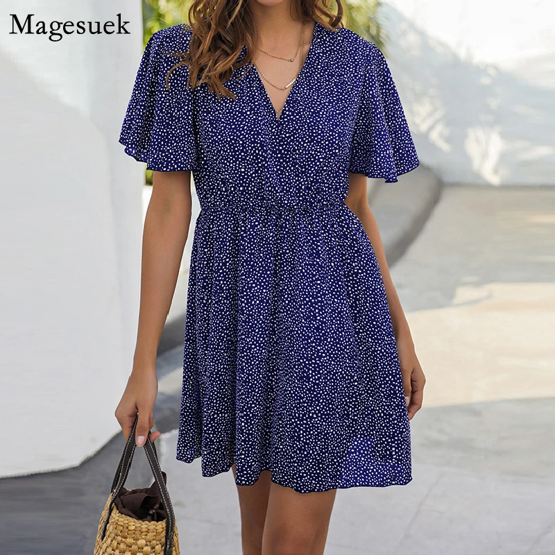 

Fashion Loose Print Floral Dress Women 2021 New V-neck Sexy Mini Dress Women Elegant Short Sleeve Blue Dresses Robe Femme 15111