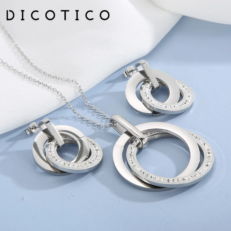 Dicotico Cz Ronde Hanger Ketting Oorbellen Voor Vrouwen Rvs Zirkoon Ketting Sieraden Sets Vrouwen Bruiloft Gift