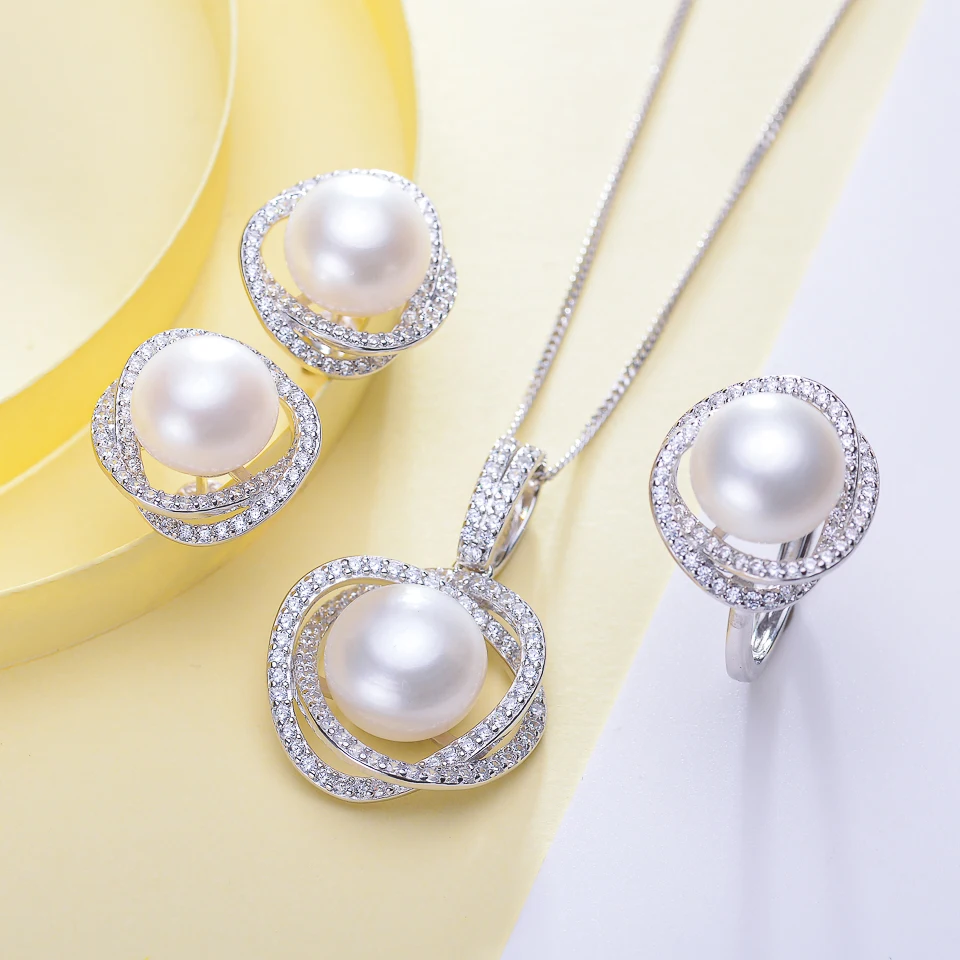Zorun- Genuine Natural Freshwater Pearl Wedding  Jewelry Sets 11-12MM with 925 Sterling Silver Ring Sets for Women