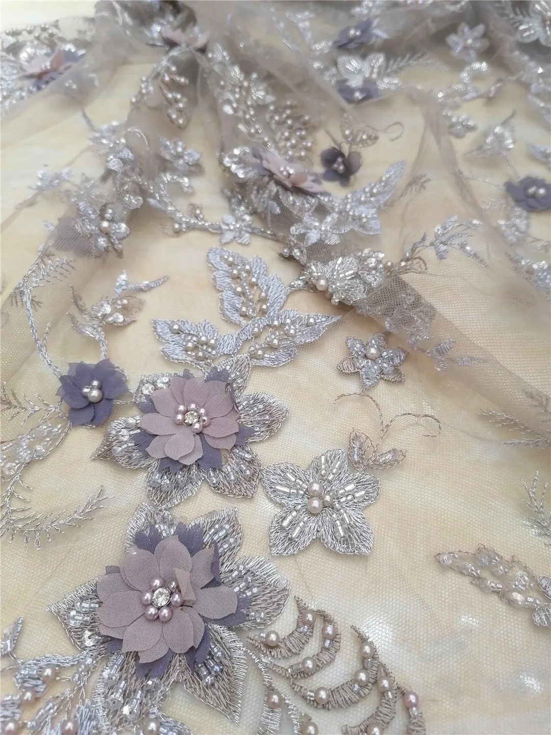 High quality handmade 3D flowers+ beads embroidery fabric French mesh yarn African fabric party dress evening dress 5yards