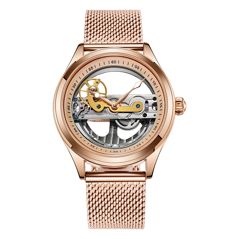 Fashion Transparent Single Bridge Watches Men Tourbillon Rose Gold Strap Automatic Mechanical Wristwatches Relogio Masculino