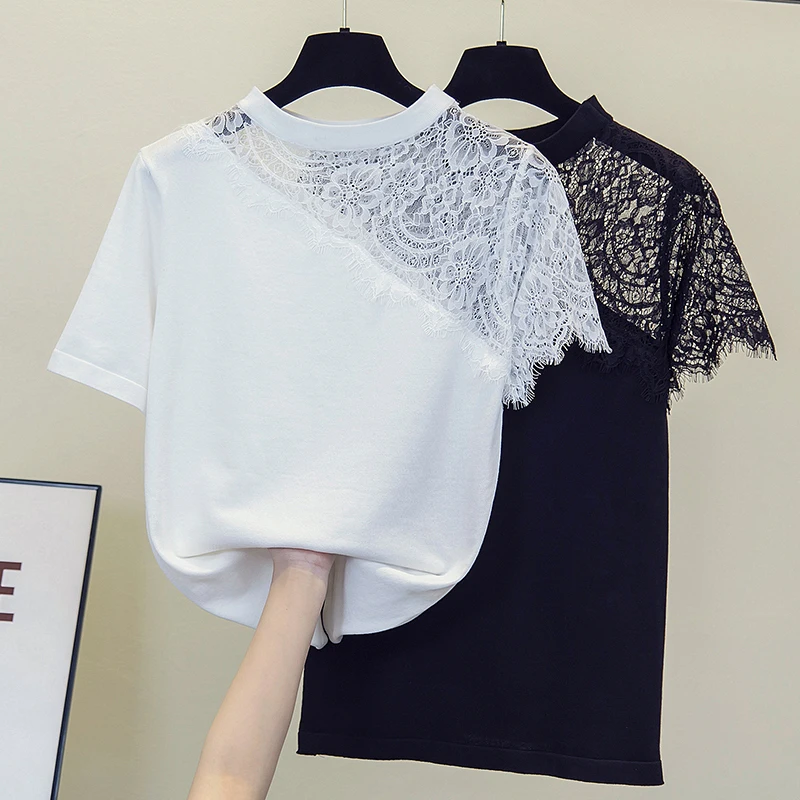 size M-4XL women sexy lace kint sweater 2022 short sleeve o neck fashion Patchwork Summer thin kint Oversized pullover female