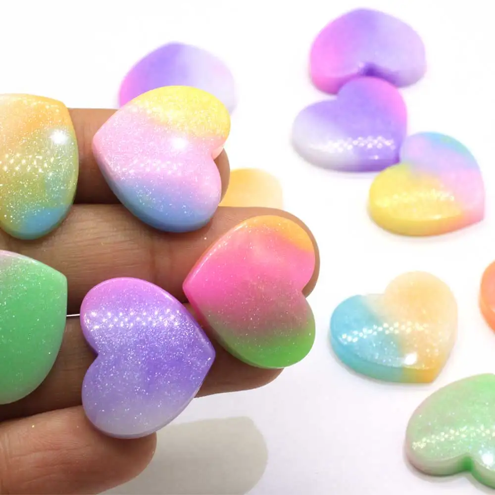 New Jelly Pastel Glitter Heart Cabochons Rainbow Glitter Heart Resin Cabochons Cute Bling Cabs Valentines Day Cabochons