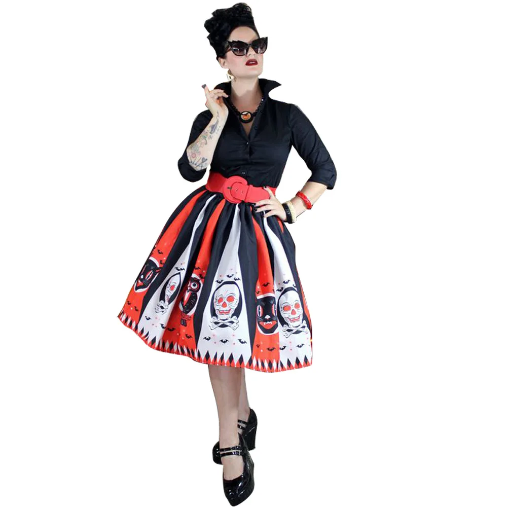 Frauen Vintage Halloween Rock Retro Poker Gesicht Schädel Plus Größe Rock Hohe Taille Gefaltete Ballkleid Lange Röcke