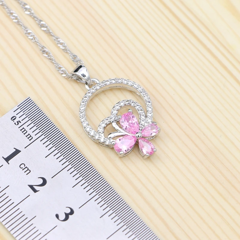 Flower Jewelry Sets For Bride Pink Cubic Zirconia White Crystal 925 Silver Ring Bracelet Necklace Pendant Earrings Sets