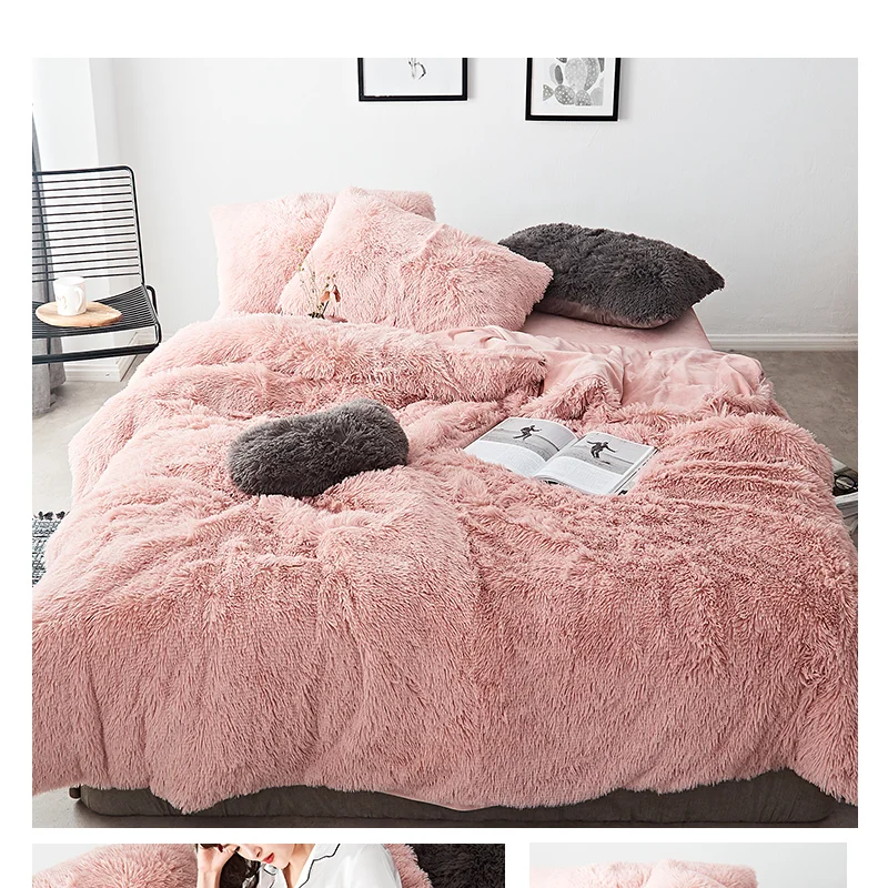 

Pink White Fleece Fabric Winter Thick 20 Pure Color Bedding Set Mink Velvet Duvet Cover Bed sheet Bed Linen Pillowcases 4/6pcs