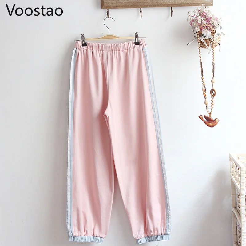 Japanese Sweet Pink High Waist Jogger Pants Women Chic Cartoon Bunny Embroidery Wide Leg Pants Girly Cute Loose Rabbit Trousers