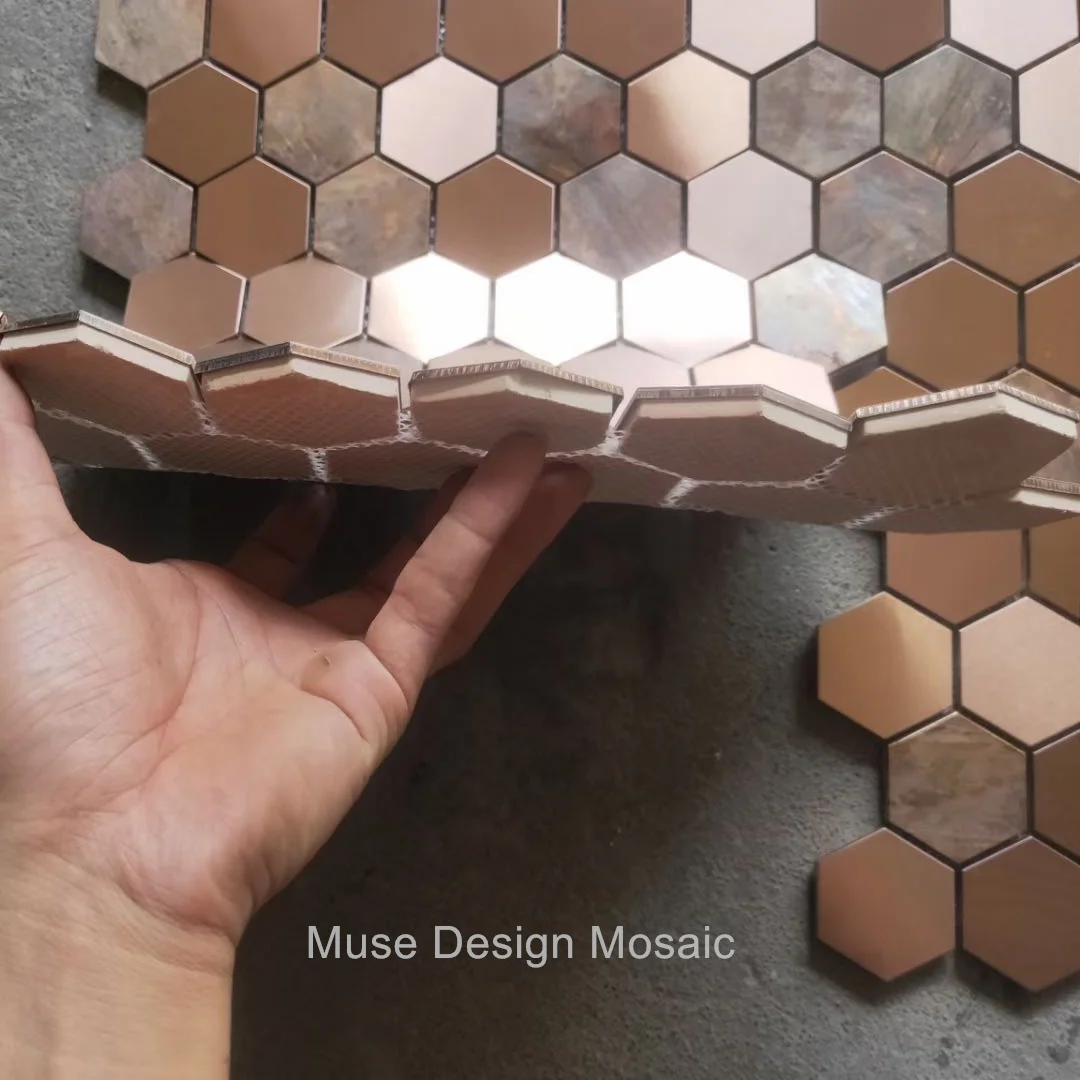 Big Hexagon Copper mixed Stainless Steel Metal Mosaic tiles, Vintage Industrial Style Mosaic Wall Decor Tiles