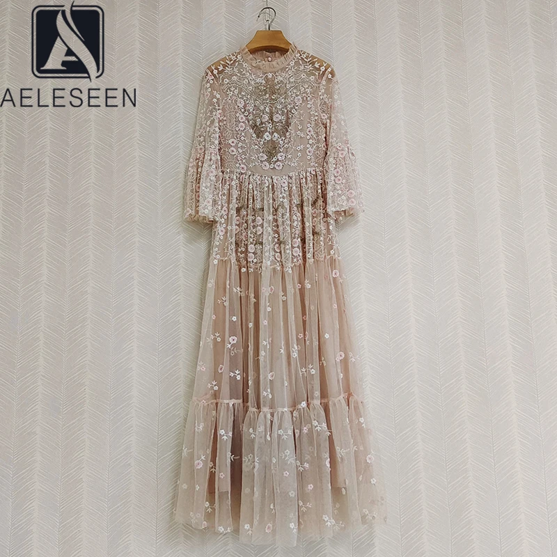 AELESEEN Designer Fashion Maxi Dress Runway New Long Flare Sleeve Ruffled Luxury Beading Sequined Mesh Flower Embroidery Dresses