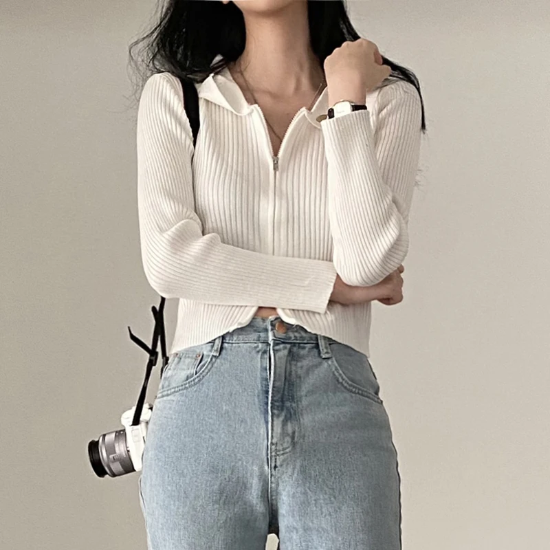 Double Open Zip-Front Knit Crop Top Women Spring Polo Neck Long Sleeve Thin Sweater Korean Slit Fit Blue White Short Cardigan