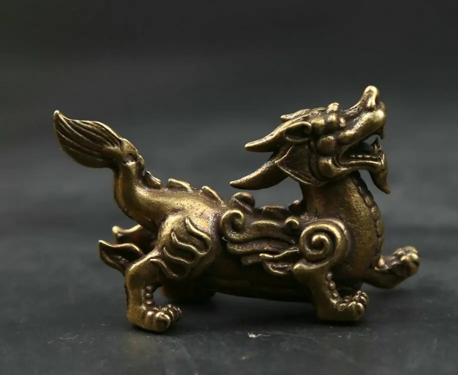 60MM Small Curio Chinese Bronze Animal Unicorn Beast Kylin Chi-lin Qilin Statue