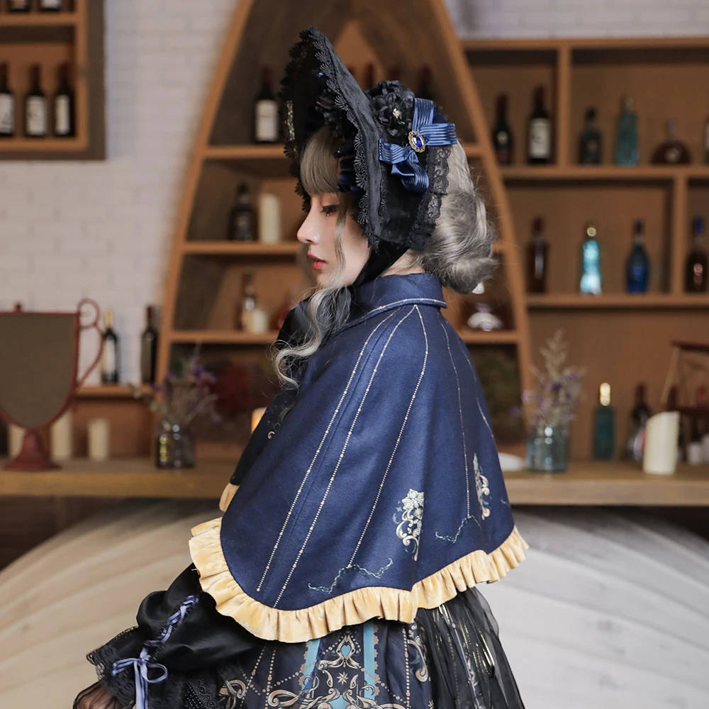 Melonshow Gothic Lolita Cape Women Vintage Coat Blue Autumn Spring Cloak Short Goth Tops Girls Outerwear Shawl Poncho