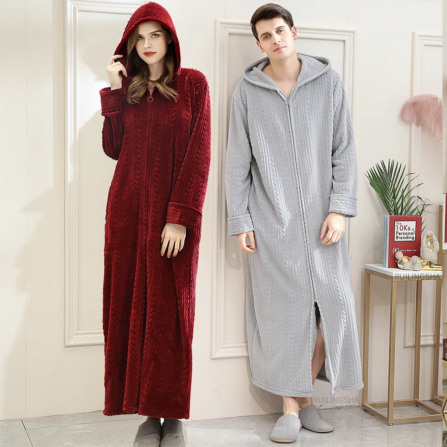 Men Winter Plus Size Hooded Zipper Long Warm Coral Fleece Bathrobe Women Thermal Flannel Bath Robe Shell Dressing Gown Sleepwear