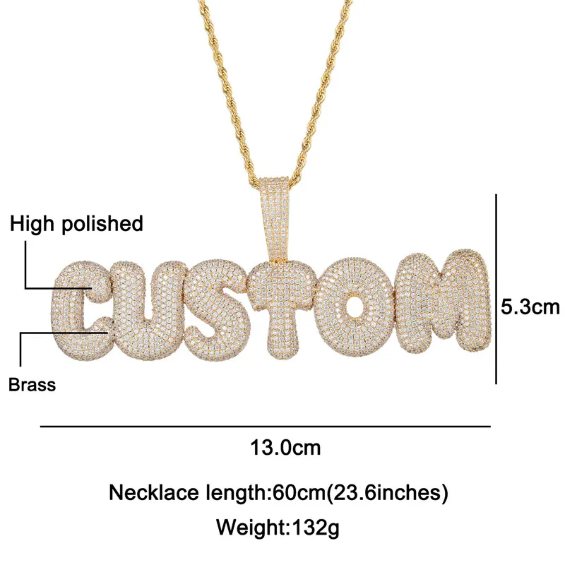 Hip Hop Large Size Custom Name Bubble Letters Cubic Zirconia Iced Out Chain Pendants & Necklaces For Men Jewelry With Solid Back