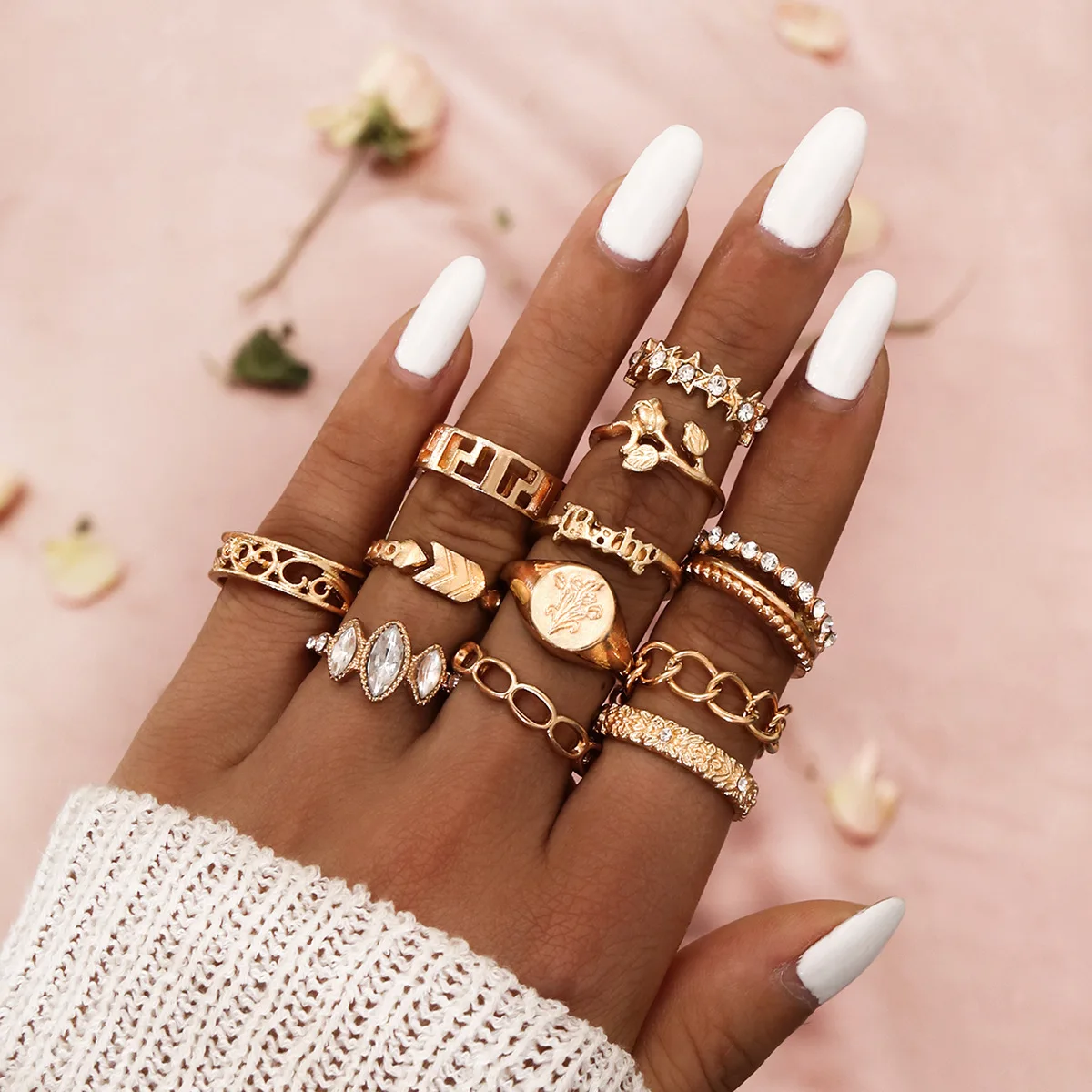 Boho Geometry Knuckle Finger Rings Set For Women Crystal Eye Flower Butterfly Chain joint Ring Female Bohemian Jewelry