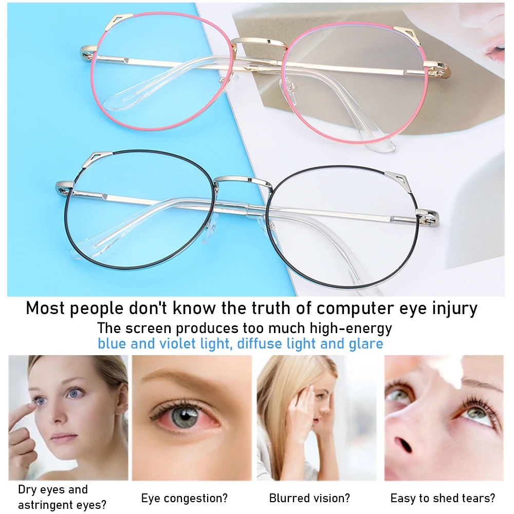 Trendy Office Anti Blue Light Glasses for Women Cute Cat Ears Eyewear Blue Rays Blocking Eyewear Classic Metal Frame Eyeglasses