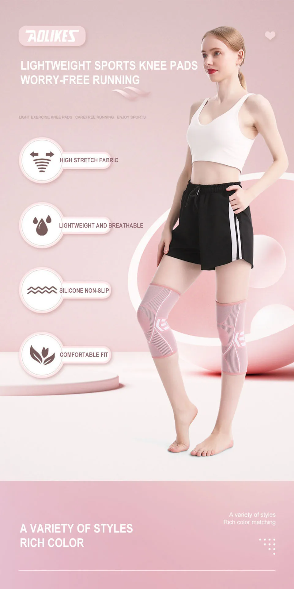 AOLIKES 1PCS Kniebandage Unterstützung für Arthritis Gelenk Nylon Sport Fitness Kompression Ärmeln Knieschoner Radfahren Laufen Schutz – Detail 3