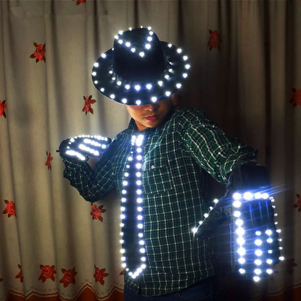 

LED Costume Clothes LED luminous jazz Hat With Llight Tie LED gloves LED Suit For Michael jacket Cosplay Costume