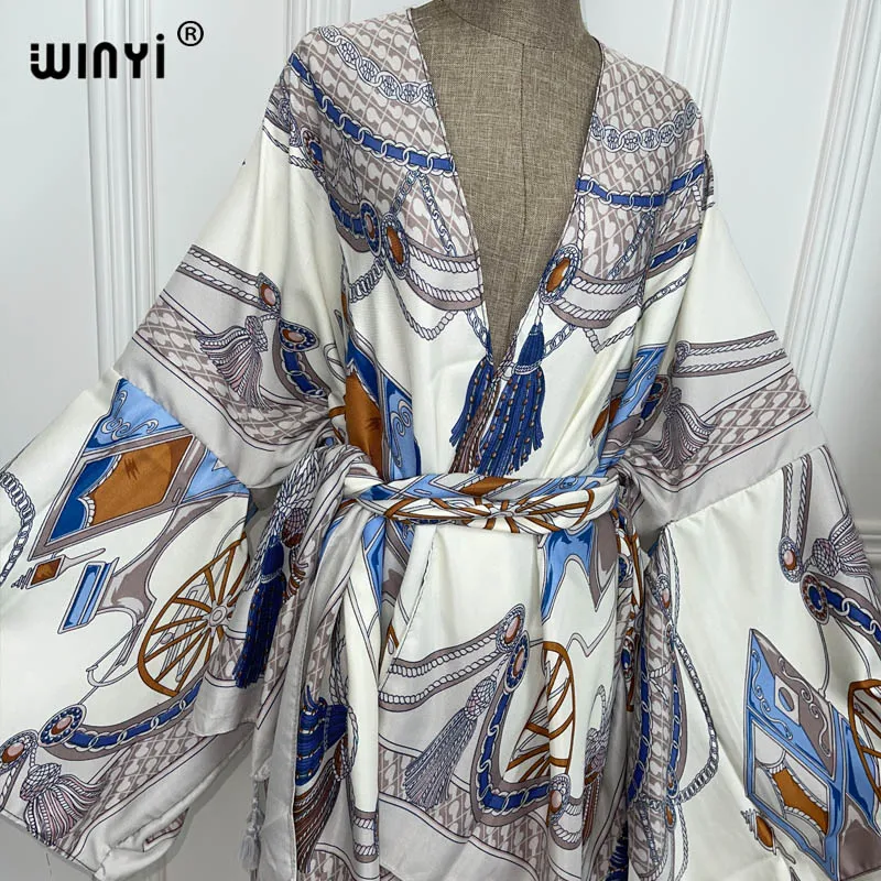 WINYI 2021 Afrika Sommer Frauen Strickjacke stich robe Cocktail sexcy Boho Maxi Afrikanischen Urlaub Batwing Hülse Silk Robe