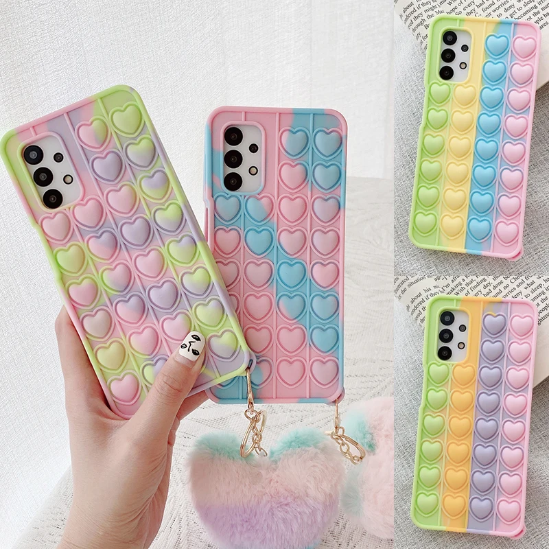 Push it Bubble Fidget Reliver Stress Case For Samsung A12 A21 A31 A51 A71 A01 A32 A10E A20 A30 A50 A11 3D Heart Silicone Cover