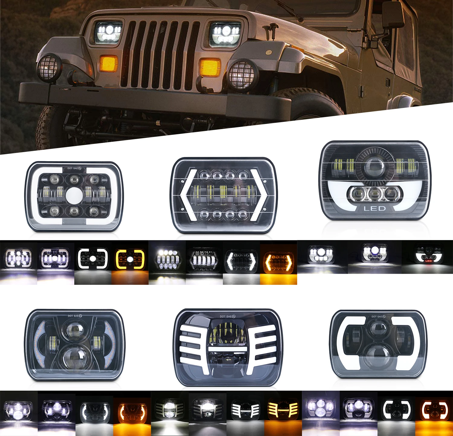 5x7 7x6Inch Square LED Car Headlight Car Headlamp Assembly Exterior Parts With DRL Turn Signal Hi/Lo Beam For Jeep Wrangler Ford