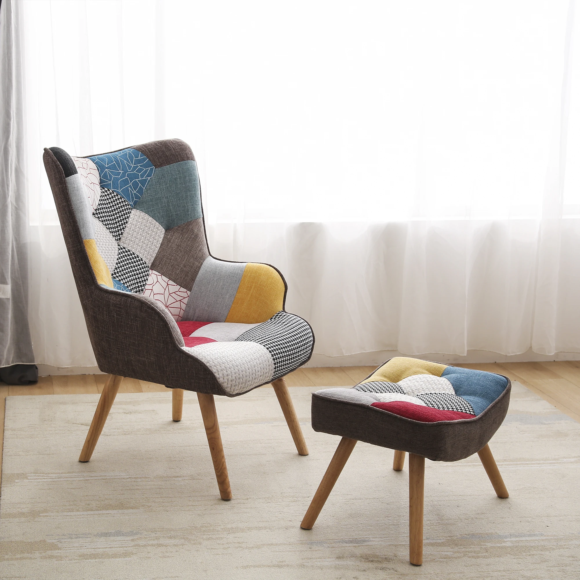 Chair&Ottoman Accent Chairs Modern Colourful&Patchwork Reading Chair W/Solid Wood Leg Linen Fabric Napping Armchair