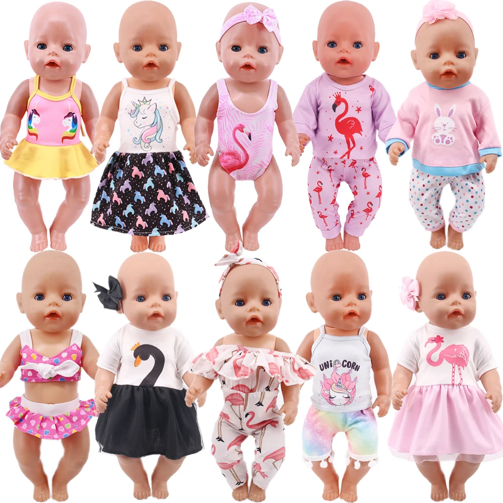 Swimsuit Clothes For Dolls Flamingo T-shirts Pants Handmade Accessories  Fit 18 Inch American Girls&43cm New Reborn Baby Doll