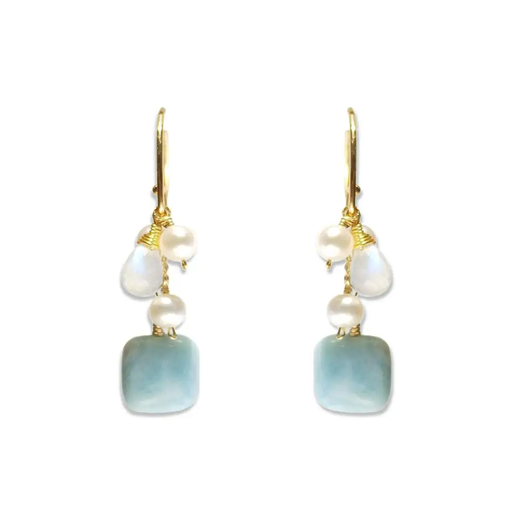 

Lii Ji Natural Square Larimar Moonstone Drop Beads Freshwater Pearl 925 Sterling Silver 18K Gold Plated Handmade Drop Earrings