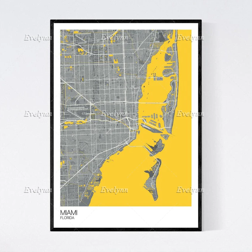 Miami, Florida Map Nordic Retro Minimalism Painting Posters and Prints on Canvas Wall Art  Modular Pictures Home Decor Gift