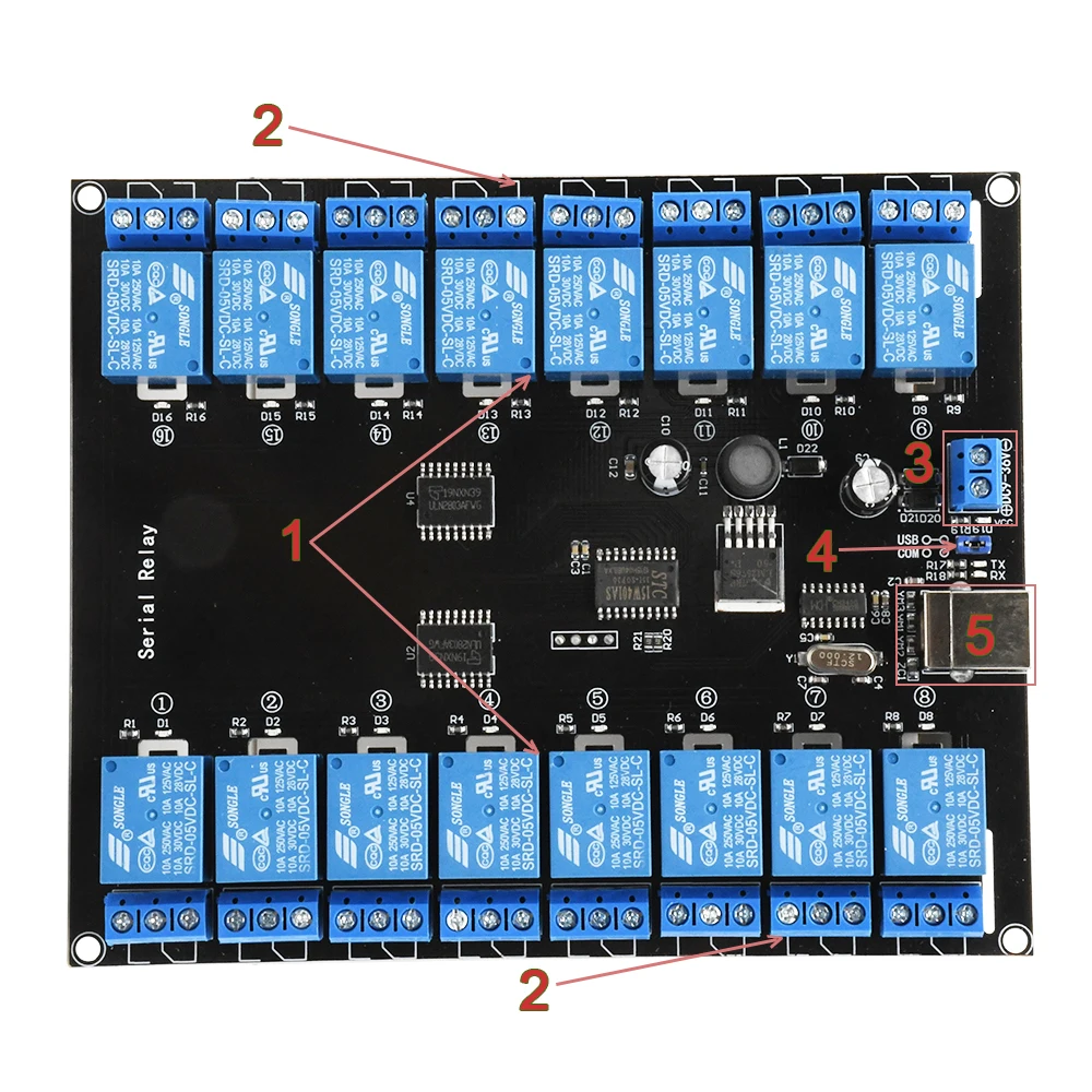 Imagem -06 - Módulo de Relé Serial para Arduino Carga Máxima 16 Canais 6ch 10a 250v dc 7v38v