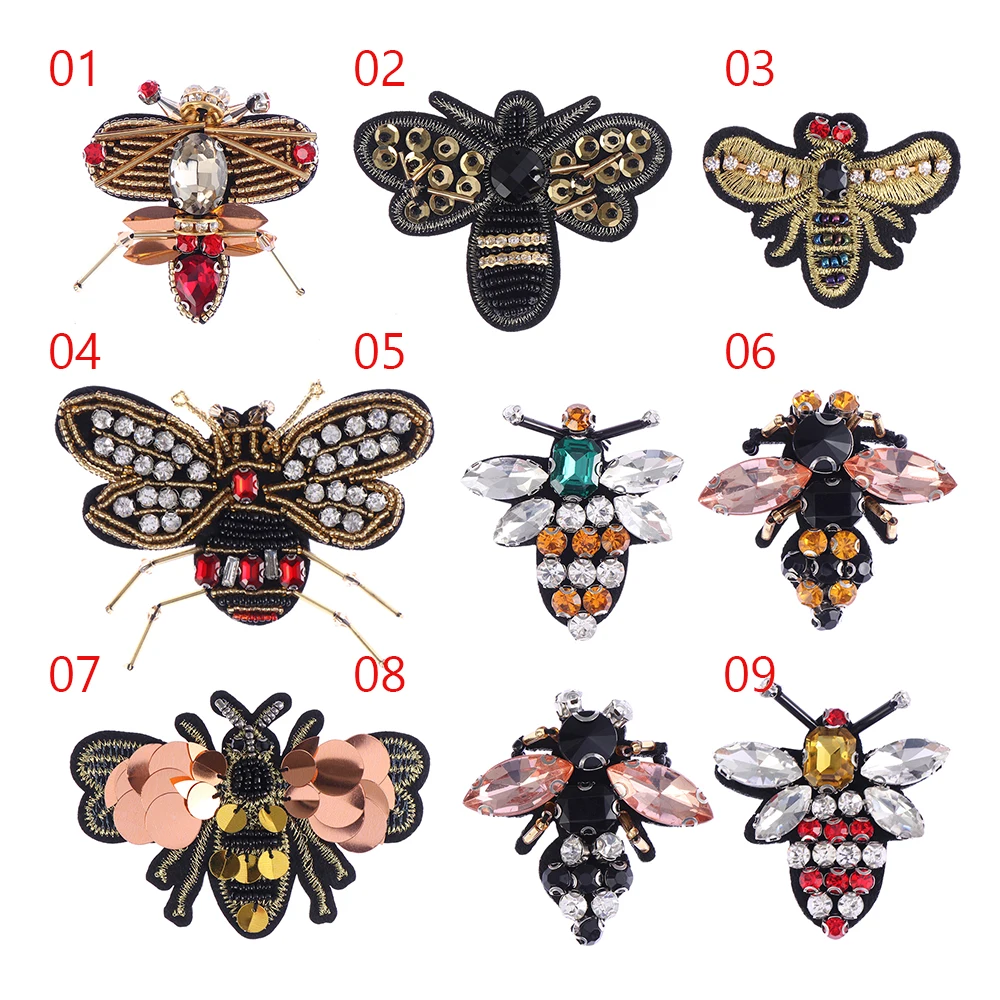 2 Pcs 3D Handmade Rhinestone Bee Beaded Patches Sew On Sequin Embroidery Crystal Applique Cute Clothing Accessories DIY Crafts