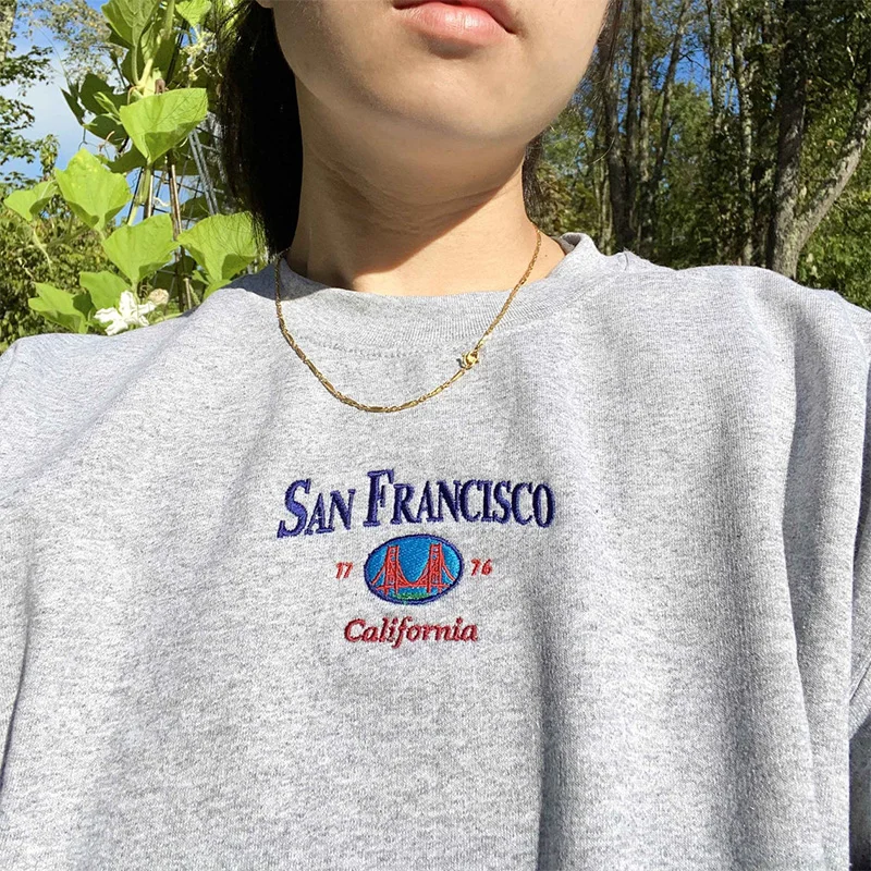 San Francisco-Pull en coton à col rond pour femme, broderie Golden Gate Bridge, optique imprimée, PVD, adt, vintage, décontracté, automne