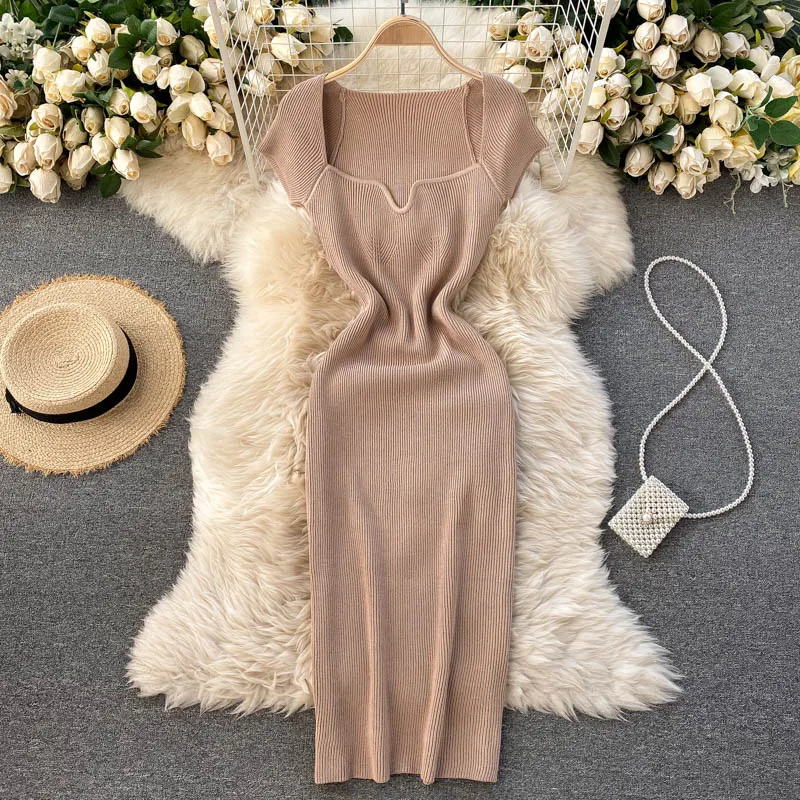 Croysier Spring Summer Short Cap Sleeve Knitted Sexy Bodycon Dress Back Slit Square Neck Casual Vintage Elegant Midi Dress Women