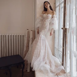 Eightree Ivory Vintage Wedding Dresses Lace Puff Long Sleeve Bride Dress Mermaid Sweetheart Wedding Gowns Sweep Train Customized