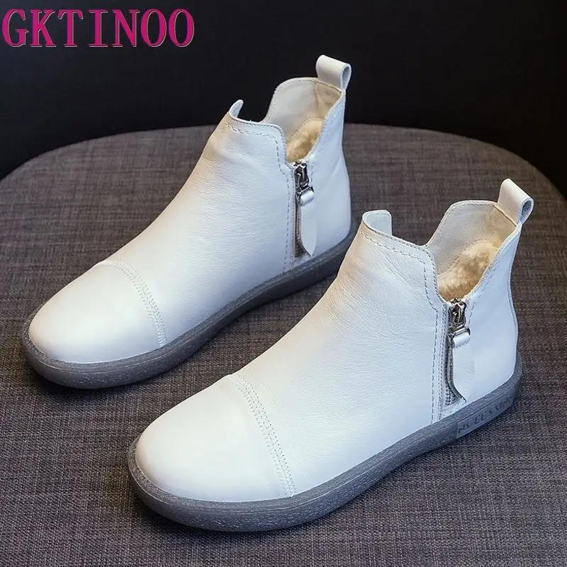 GKTINOO Genuine Leather Cow Women Ankle Boots Warm Fur Waterproof Slip on Super Comfortable Booties Autumn Winter Shoes Non Slip