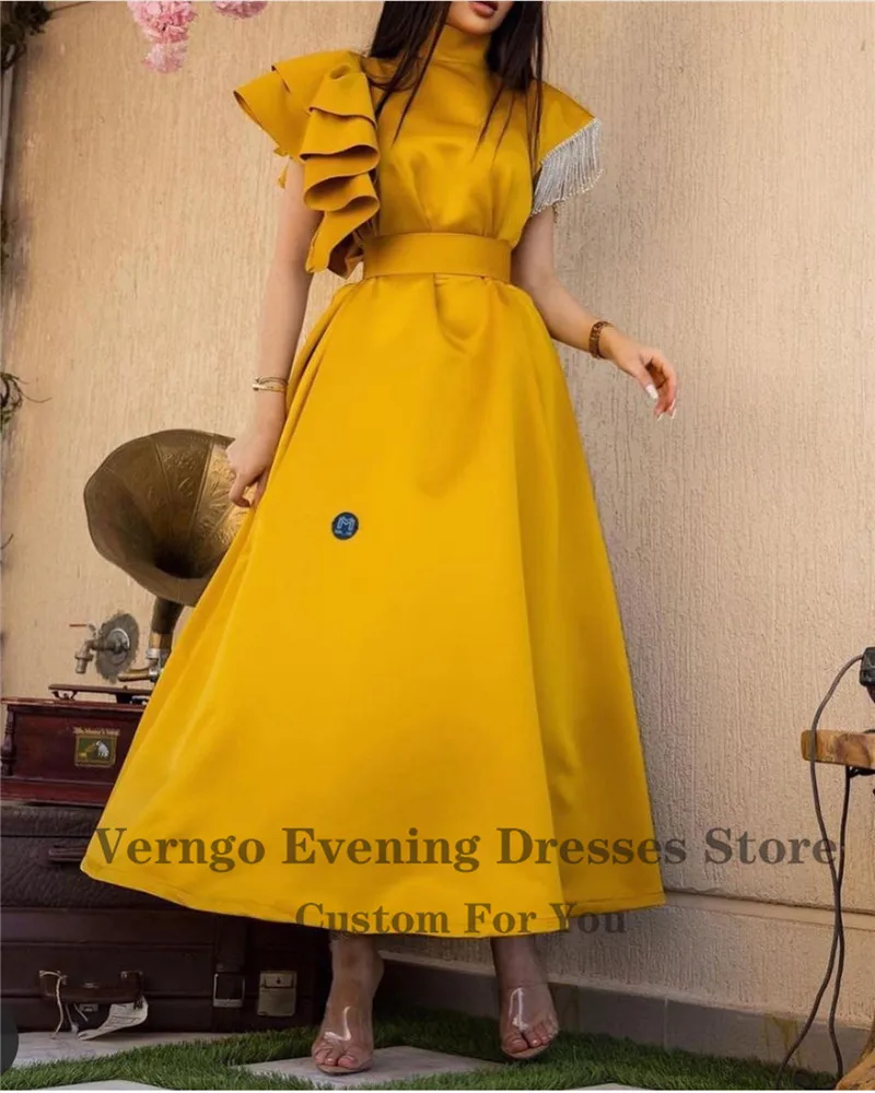 Verngo Modest Gold Satin A Line Evening Gowns Dubai Women High Neck Tassel Ruffles Tiered Sleeves Ankle Length Formal Prom Dress