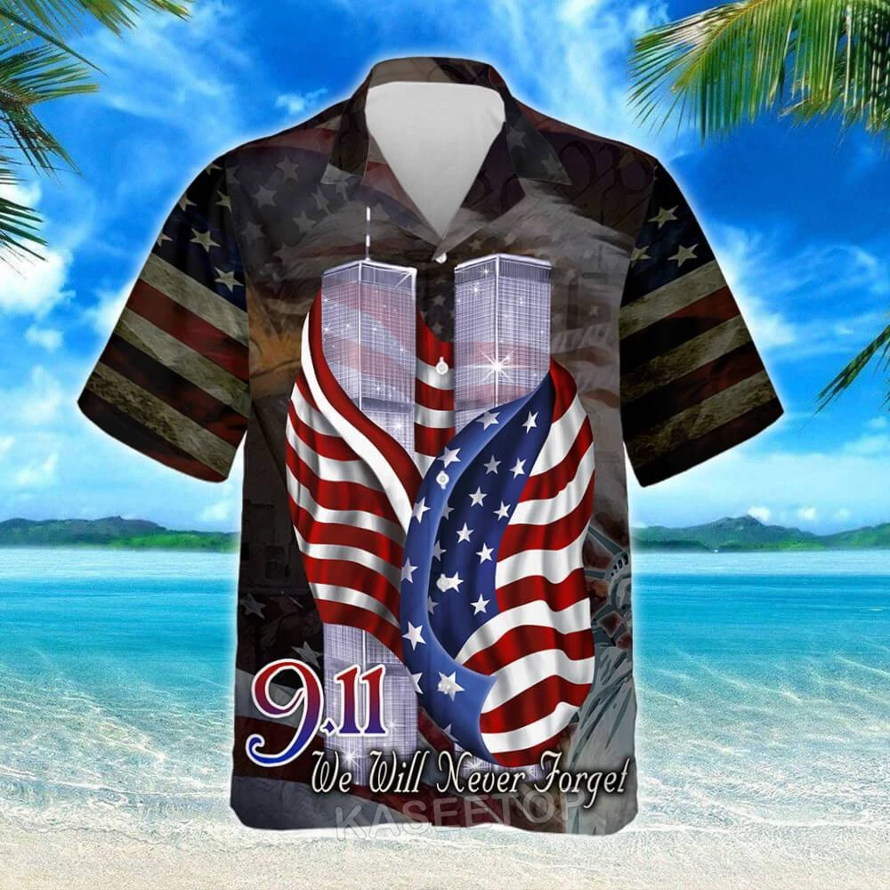 Verão Mens Praia Manga Curta Jesus 9.11 Nunca Esquecer 3D Impresso Camisa Havaiana Botão Casual Blusas Selvagens Oversize Streetwear