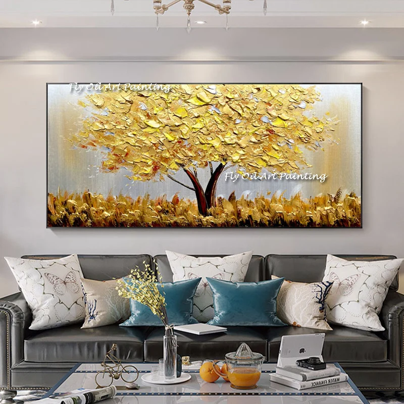 

Newest Handmade Large Modern Canvas Art Oil Painting Knife Golden Tree Paintings For Hotel Living room Home Wall Decor