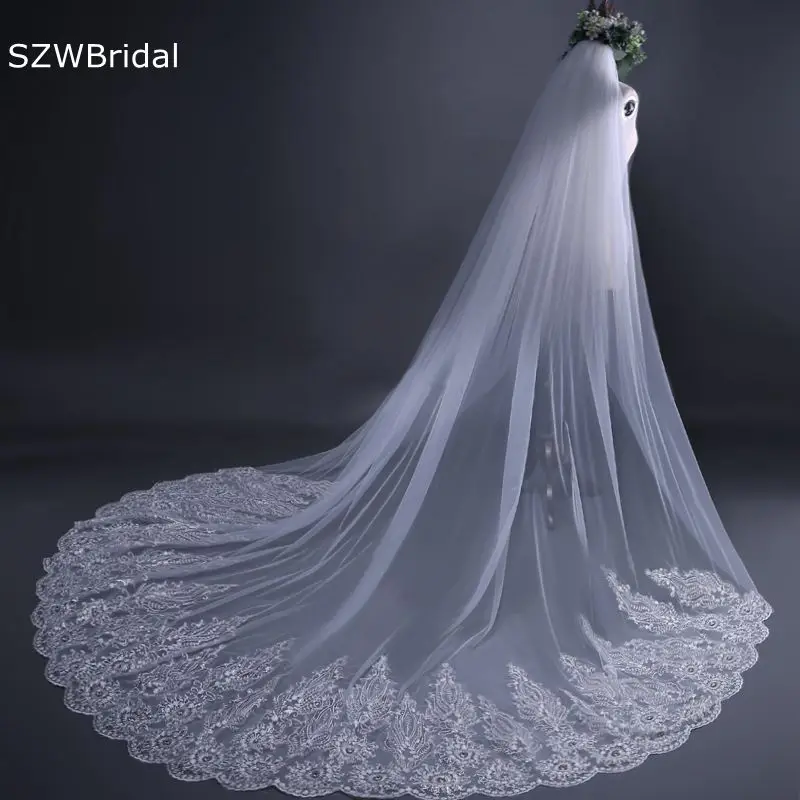 New Arrival White Ivory Cathedral Wedding Veils Long Lace Appliques Crystals Beaded Boda Bridal accessories Sexy Bride veil